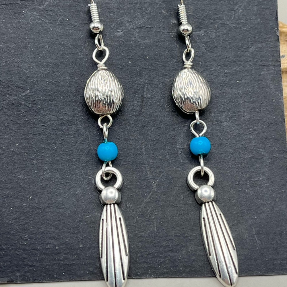 Silver Tone Beaded Drop Earrings Turquoise Blue Accent Bohemian Dangle Jewelry